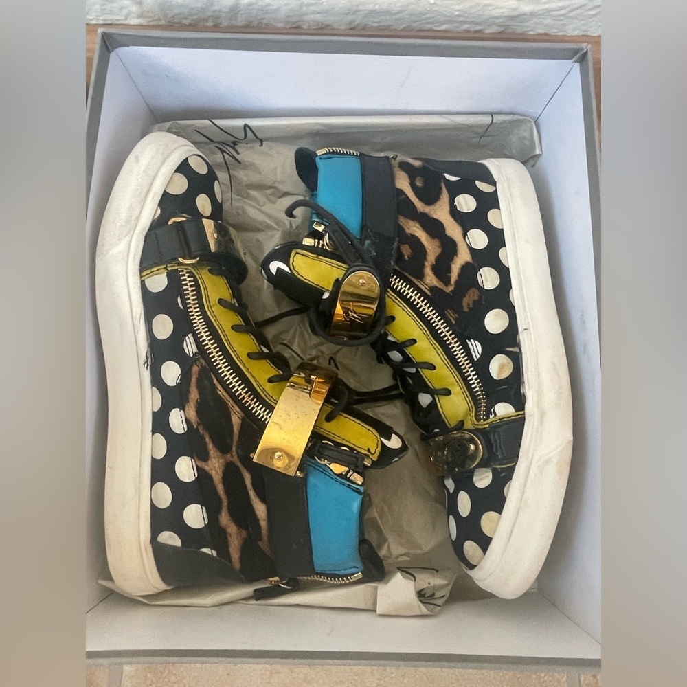 Giuseppe Zanotti Coby silk high top leopard, polka dot multicolor sneakers; 9.5